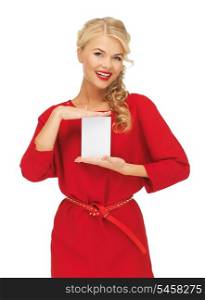 picture of lovely woman in red dress with note card