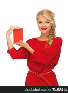 picture of lovely woman in red dress with note card