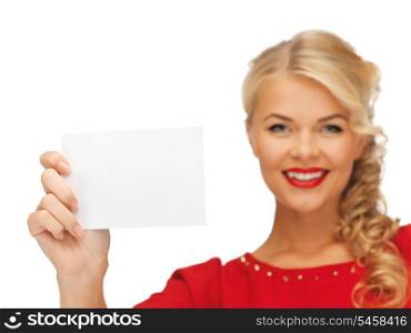 picture of lovely woman in red dress with note card (focus on paper)
