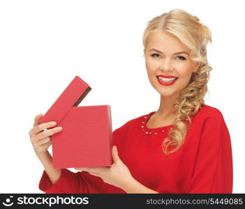 picture of lovely woman in red dress with opened gift box