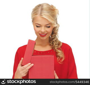 picture of lovely woman in red dress with opened gift box