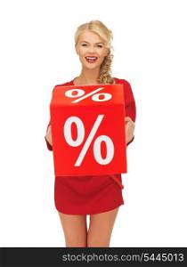 picture of lovely woman in red dress with percent sign