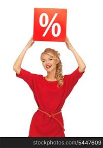 picture of lovely woman in red dress with percent sign