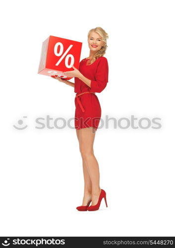 picture of lovely woman in red dress with percent sign