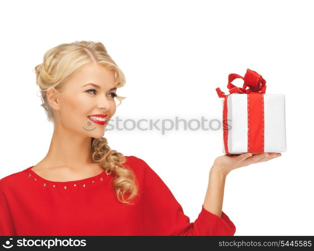 picture of lovely woman in red dress with present