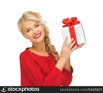 picture of lovely woman in red dress with present
