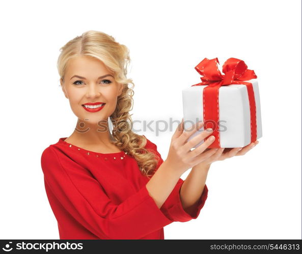 picture of lovely woman in red dress with present