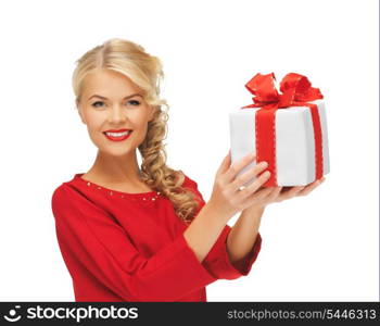 picture of lovely woman in red dress with present