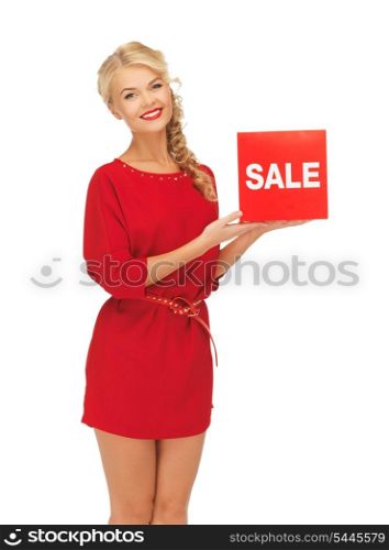 picture of lovely woman in red dress with sale sign