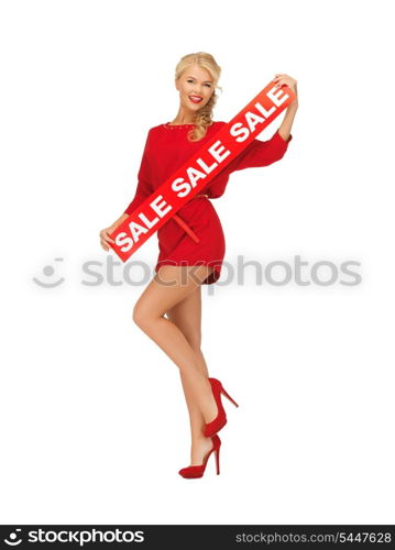 picture of lovely woman in red dress with sale sign