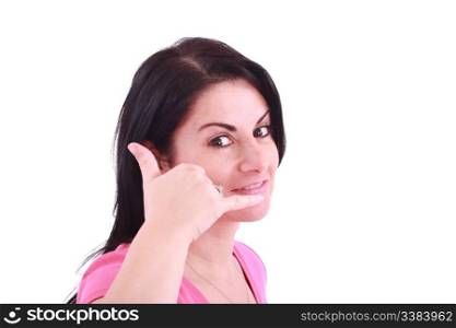 Picture of lovely woman making a call me gesture