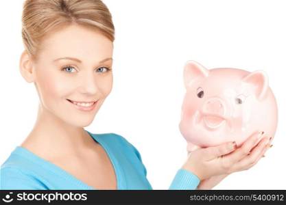 picture of lovely woman with big piggy bank