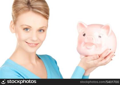 picture of lovely woman with big piggy bank