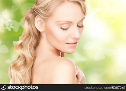 picture of lovely woman with butterflies over green
