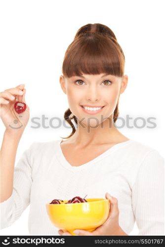 picture of lovely woman with cherries over white