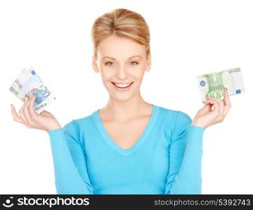 picture of lovely woman with euro cash money.