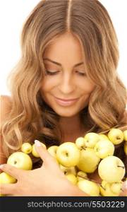 picture of lovely woman with green apples over white