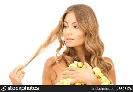 picture of lovely woman with green apples over white