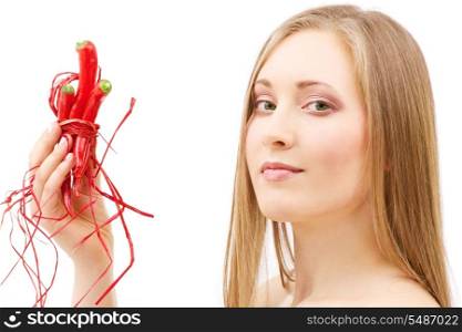 picture of lovely woman with hot chili peppers
