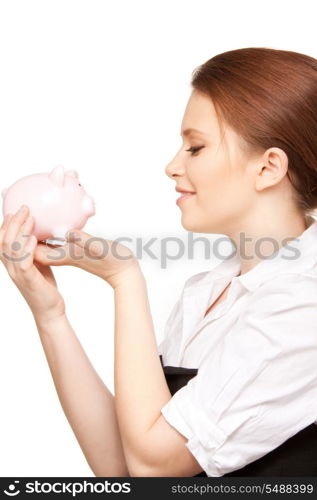 picture of lovely woman with piggy bank