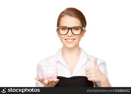 picture of lovely woman with piggy bank