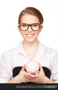 picture of lovely woman with piggy bank