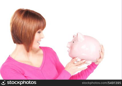 picture of lovely woman with piggy bank