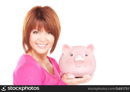 picture of lovely woman with piggy bank