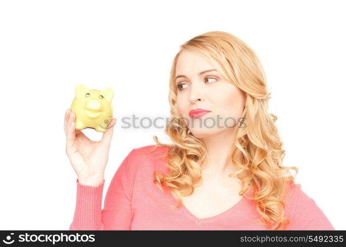 picture of lovely woman with piggy bank