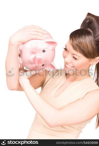 picture of lovely woman with piggy bank