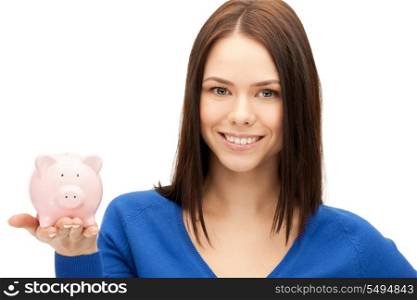 picture of lovely woman with piggy bank.
