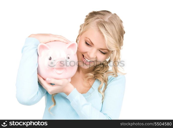 picture of lovely woman with piggy bank