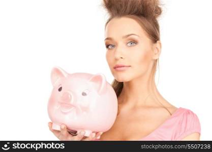 picture of lovely woman with piggy bank