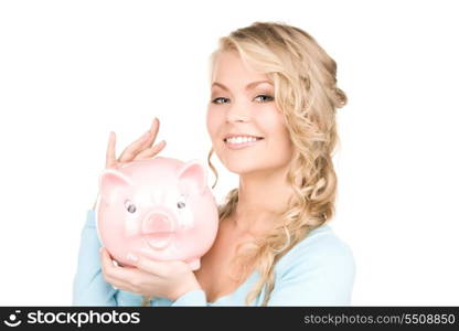 picture of lovely woman with piggy bank