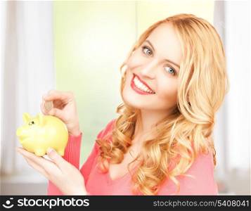 picture of lovely woman with piggy bank and cash money