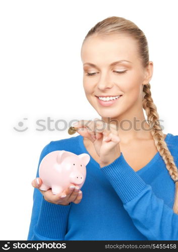 picture of lovely woman with piggy bank and money