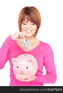 picture of lovely woman with piggy bank and money