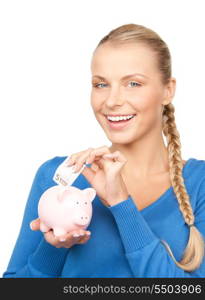 picture of lovely woman with piggy bank and money