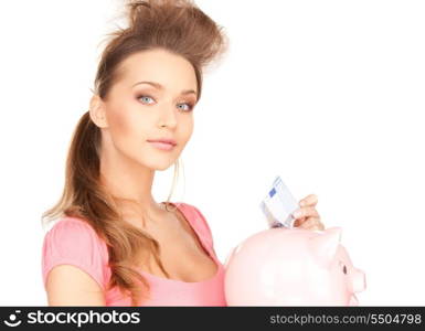 picture of lovely woman with piggy bank and money