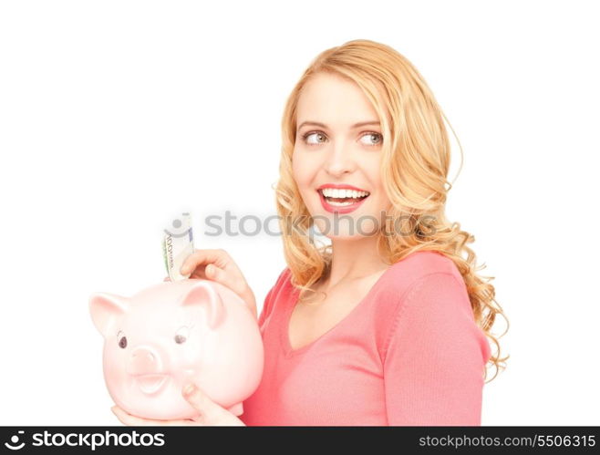 picture of lovely woman with piggy bank and money