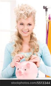 picture of lovely woman with piggy bank and money