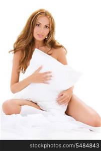 picture of lovely woman with pillow in bed