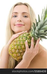 picture of lovely woman with pineapple over white