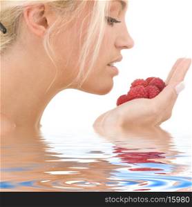 picture of lovely woman with raspberries in water