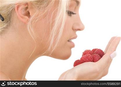 picture of lovely woman with raspberries over white