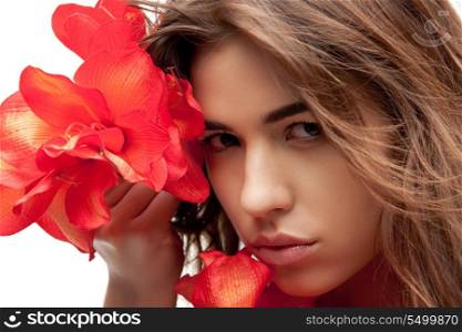 picture of lovely woman with red flowers