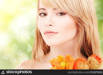 picture of lovely woman with red flowers and butterflies