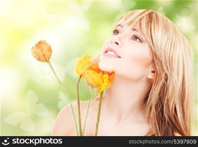 picture of lovely woman with red flowers and butterflies