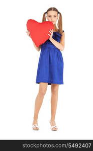 picture of lovely woman with red heart-shaped pillow