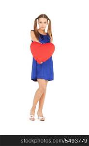 picture of lovely woman with red heart-shaped pillow